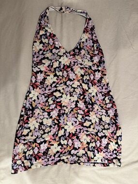 Beginning Boutique Black Halter Mini Dress with Pastel Floral Motif